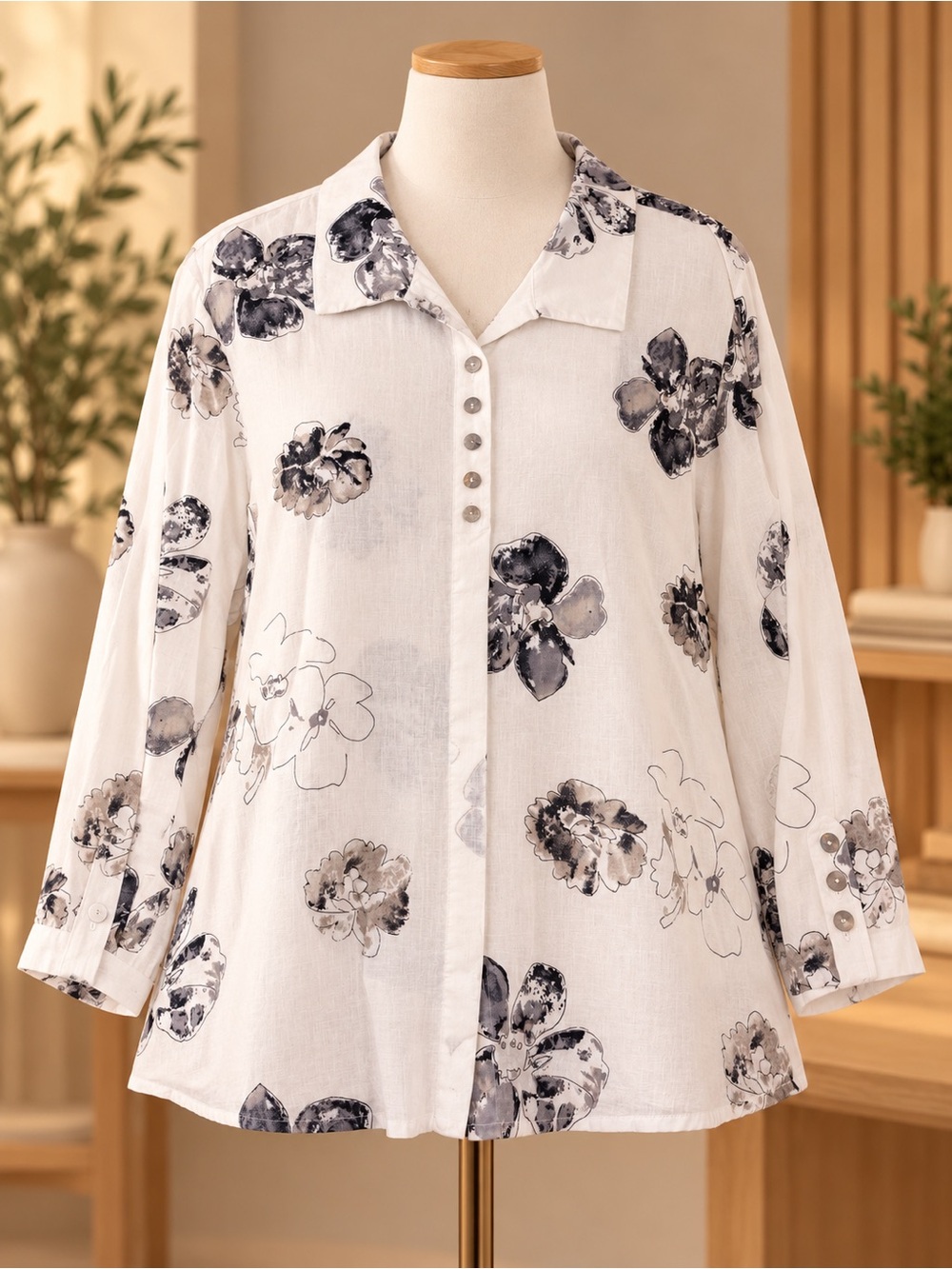 Habitat White Floral Button-Front Blouse with Black Gray Print NWT